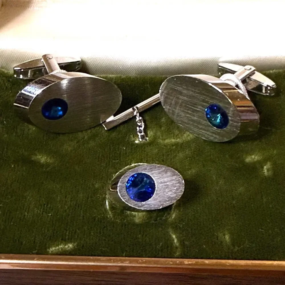 Vintage Sarah Coventry Cufflinks and Tie Pin Mens Silver Tone Blue Glass Jewel